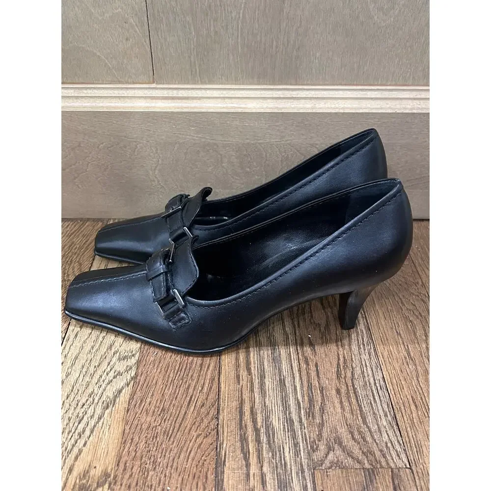 Franco Sarto Black Leather Heeled Loafers Pumps 6.5 Square Toe Preppy Y2K Office
